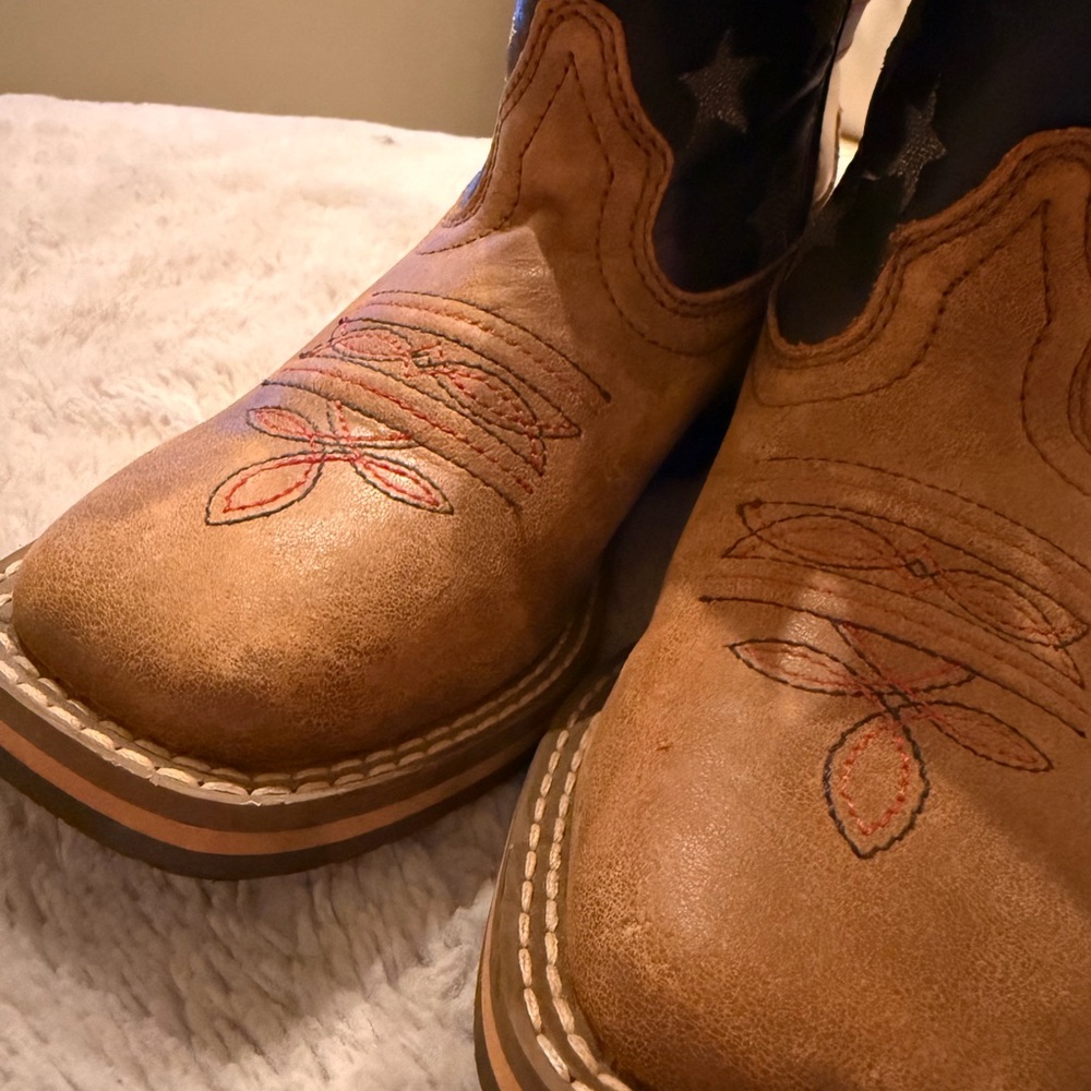 Kids Tan Suede Western Pull-On Boots with Embroidered Toe